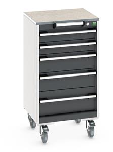 cubio mobile cabinet with 5 drawers & lino worktop. WxDxH: 525x525x990mm. RAL 7035/5010 or selected Bott Mobile Storage Cabinet Drawer Trolleys 525mm x 525mm